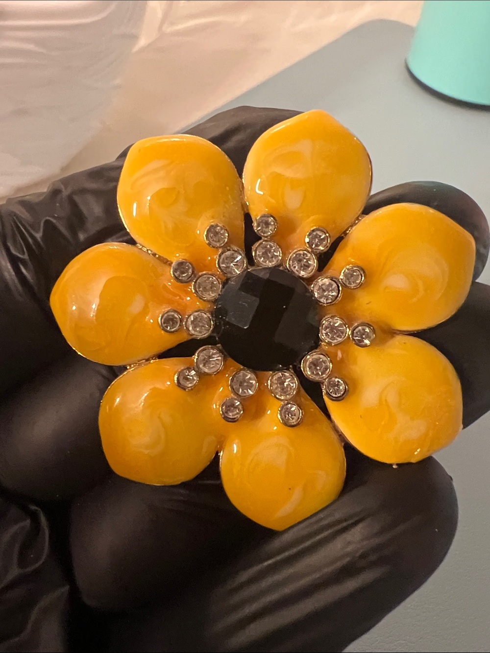 Yellow Flower Brooch with Black Crystal Center